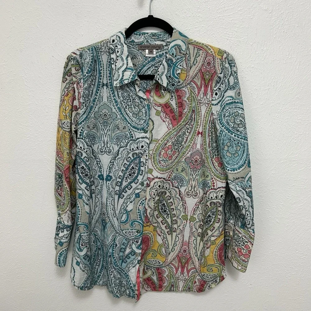 Sharon Young Top Sz M Blue‎ Colorful Artsy Abstract Floral Long Sleeve Button Up - Picture 2 of 12